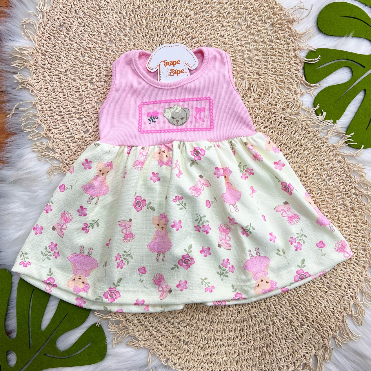 Vestido Ribana Ursinhas - Rosa e Creme